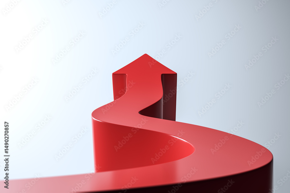 Poster Abstract red upward arrow with curved path symbolizing growth, leadership and achievement on light gradient background. 3D Rendering. 3D Rendering