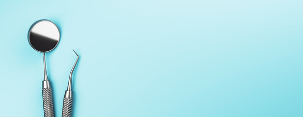 Dental mirror and explorer on clean blue background with copy space for medical or dental care concept layout template design mockup. 3D Rendering