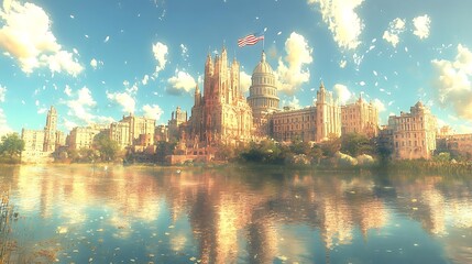 Fototapeta premium Capitol city, sunny day, lake reflection, fantasy