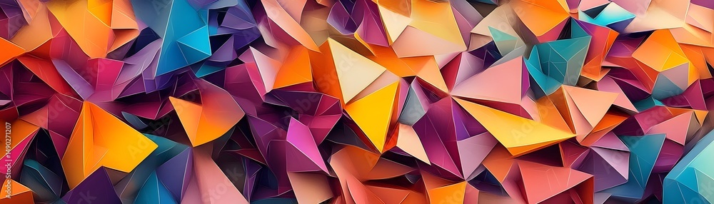 Poster abstract design of colorful, overlapping triangles.
