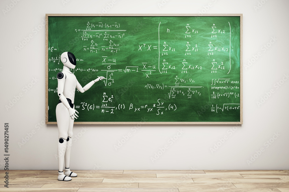 Leinwandbilder Futuristic humanoid robot solving complex math equations on chalkboard in classroom setting with wooden floor and light wall background. 3D Rendering