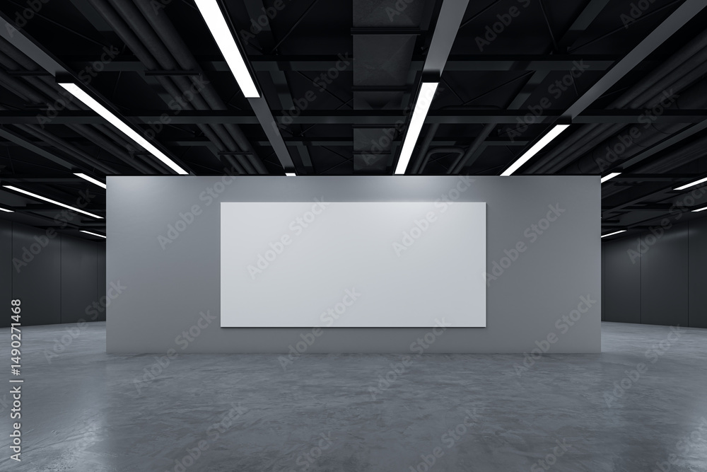 Aufkleber Blank horizontal canvas mockup on gray wall in modern industrial interior with concrete floor and ceiling lights for creative design display template. 3D Rendering