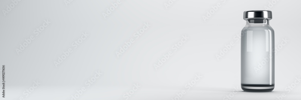 Poster Transparent glass medical vial mockup with metallic cap isolated on clean light background for branding and label design presentation template. 3D Rendering