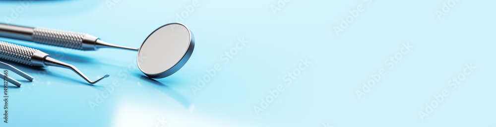 Poster Dental tools on clean blue background with copy space for medical or clinic layout and presentation design template. 3D Rendering. 3D Rendering