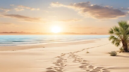 Serene beach sunset footprints in sand palm tree and tranquil ocean scenery