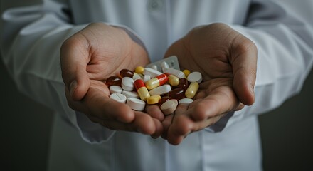 A Doctors Hands Holding a Variety of Medications and Pills, Healthcare and Pharmaceutical Concept