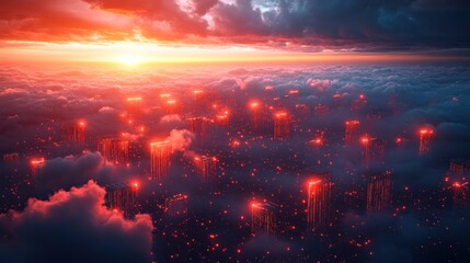 Obraz premium Crimson Cloud City: A Digital Sunset