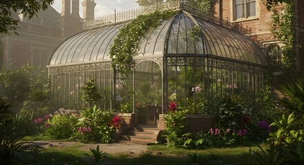Victorian conservatory or glasshouse attached to a manor, filled with tropical plants and natural light