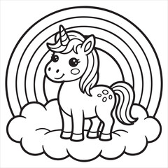 Fototapeta premium Cute Unicorn Coloring Page with Rainbow and Clouds for Kids
