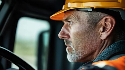 Focused Driver: A mature driver with a weathered face, clad in a safety helmet, concentrates intensely behind the wheel of a heavy vehicle, embodying experience and vigilance.