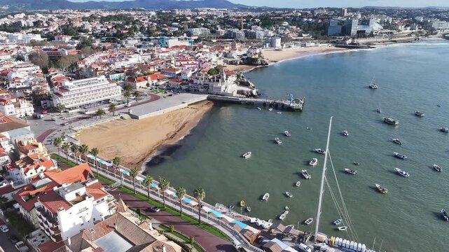Cascais Skyline At Cascais District Of Lisbon Portugal. Bustling Downtown Cityscape With Modern Buildings. Shore Horizon Beach Sea. International Beach Tropical Environment.