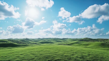 Fototapeta premium Serene sunny day over green rolling hills nature landscape wide view bright sky peaceful environment