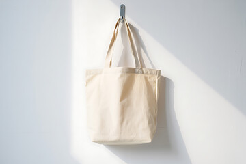 Beige Tote Bag Mockup White Wall