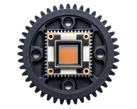 Square optical sensor on a circular gear on a transparent background