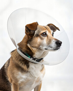 a dog wearing protective veterinary cone collar after medical procedure, post surgery pet care and animal health protection