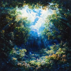 Enchanting light breaks through forest canopy nature scene lush environment serene atmosphere captivating view