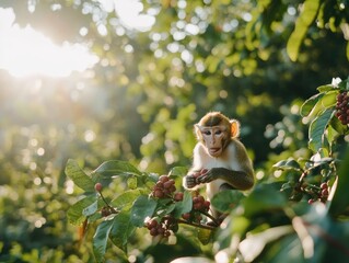 Monkey sitting on branch eating berry in natural sunlight surrounded by lush green leaves