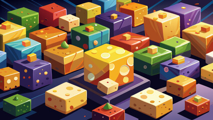 Fototapeta premium Variety of colorful cheese cubes arranged on a dark surface for an appetizing display suitable for a gathering