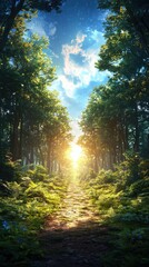 Fototapeta premium Exploring the enchanted forest at sunrise nature scene vibrant landscape peaceful environment eye-level view serenity