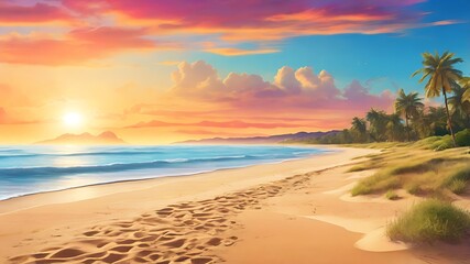 Tropical beach scene depicting sunset with palm trees and footprints in the sand