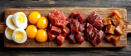 Boiled eggs and various raw meat cuts on wooden board show carnivore diet meal with fresh protein and rich nutrition