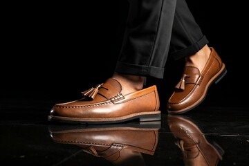 Brown Leather Loafers with Tassel, Polished Finish, Rounded Toe, Reflective Surface, Dramatic Lighting
