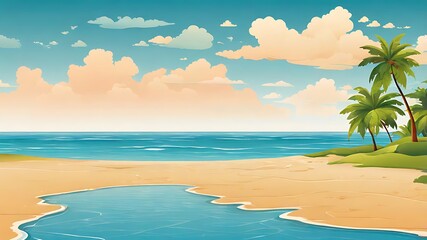 Obraz premium Serene tropical beach scene with palm trees azure ocean sunny skies and sandy shoreline