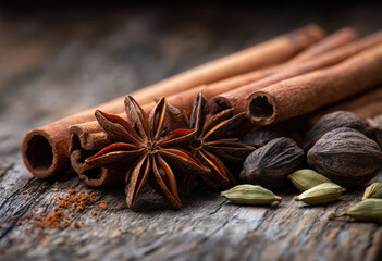 Aromatic spices including cinnamon, star anise, and cardamom arranged on rustic wooden surface evoke warmth and flavor