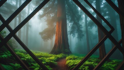 Giant redwood tree in misty forest with geometric wood frame