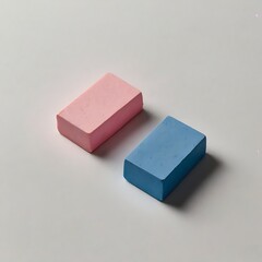 Isolated colorful chalk blocks, red, green, blue, and yellow, rest on a clean white and black background, reminiscent of school