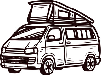 Vintage camper van line art with roof pop top illustrating retro travel adventure