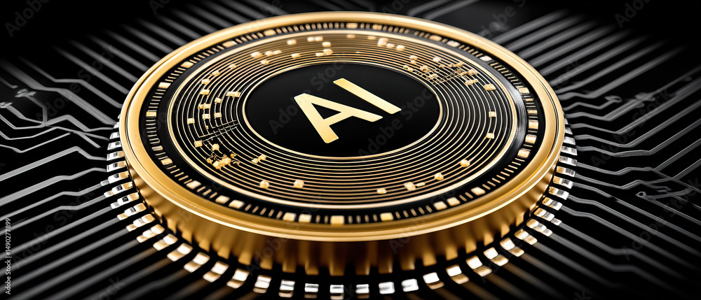 Poster artificial intelligence digital coin on circuit board, futuristic technology concept with glowing de