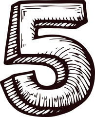 Detailed drawing of number five in black and white with decorative patterns