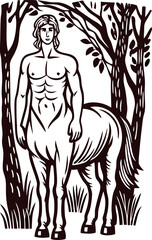 Centaur standing in a forest clearing among trees and nature