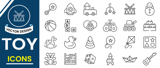 Toys icon set design. Editable line icon of children toys icons such as doll,  water gun, train toy, horse toy, bubbles, tricycle, spinner, train, pacifier, duck, rocket vector illustration.