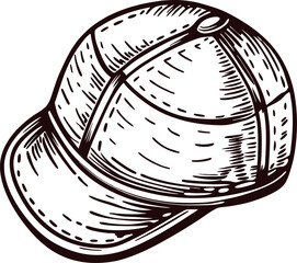 Baseball cap sketch in black and white line art with detailed stitching and texture