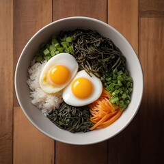 A delicious breakfast meal shows a fried egg with a bright yellow yolk on a white plate