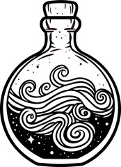 Intricate art of a swirling potion in a glass bottle with cosmic designs