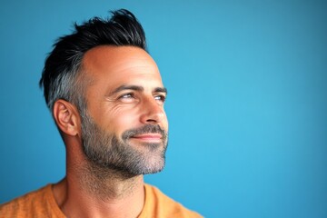 Fototapeta premium Elegant men's high fade haircut - midlife white man with black hair. Blue solid background. A classic beauty man with timeless elegance. Design idea of style for aging men.