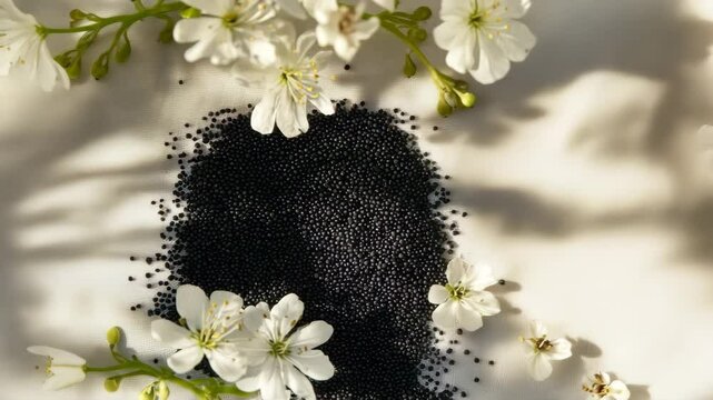 A white background with a black and white flower arrangement and a black powder. The arrangement is on a white surface, and the flowers are scattered around the powder
