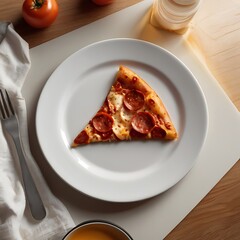 Delicious Slice: A delectable slice of pizza sits on a clean white plate, complemented by a fork and a tomato. Capturing the essence of a culinary delight.