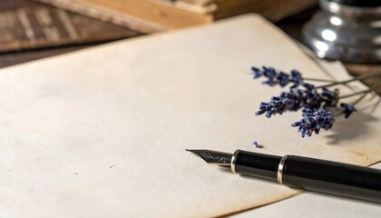 Elegant still life featuring a fountain pen on antique paper with lavender sprigs. Evokes nostalgia, creativity, and letter writing. Ideal for themes of history, poetry,  romance.