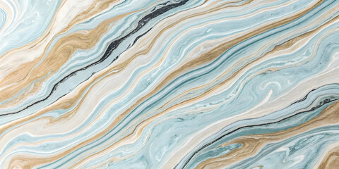 Obraz premium Wavy aqua and gold marble with horizontal flowing bands; cream background with turquoise streams and sandy-gold ribbons