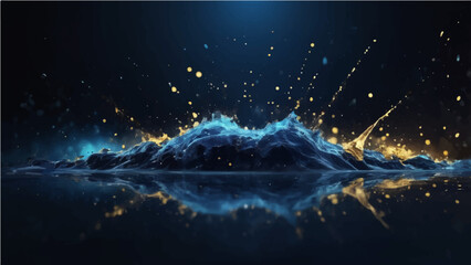 Naklejka premium Dark Blue, black abstract background with glowing particles and splash effects. Light from the top left with scattered bokeh and water-like textures. Cool tones of blue, gold with a soft depth