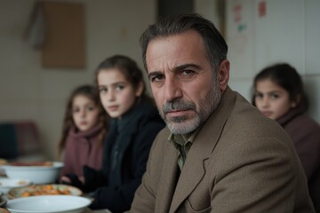 Portrait of father with daughters seated at table indoors