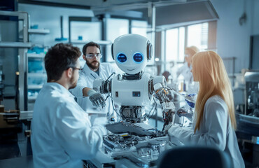 Naklejka premium Group of Engineers Working on Robotics with Robots in a Laboratory. Generated image