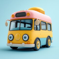 Playful, colorful cartoon bus rendering on a pastel backdrop.