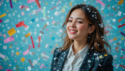 Joyful woman celebrating job exit with colorful confetti in the air
