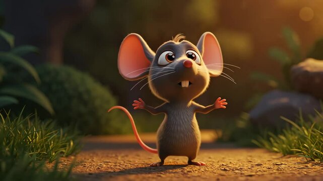 Cartoon mouse with big eyes says  with fearful mood standing against a garden backdrop