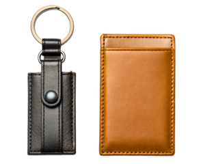 Black leather keychain and leather card wallet on a transparent background